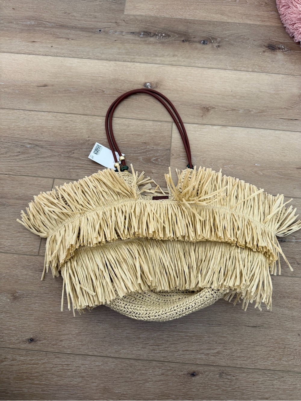 H&M Natural Straw Fringe Tote with Brown Handles